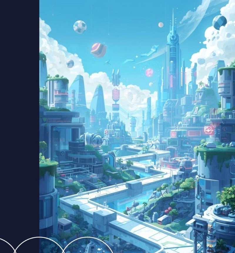 Futuristic game studio cityscape
