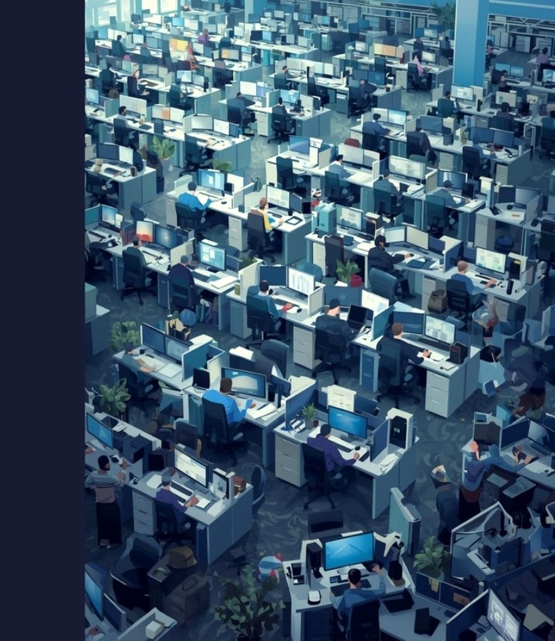 Overhead view of crowded game studio